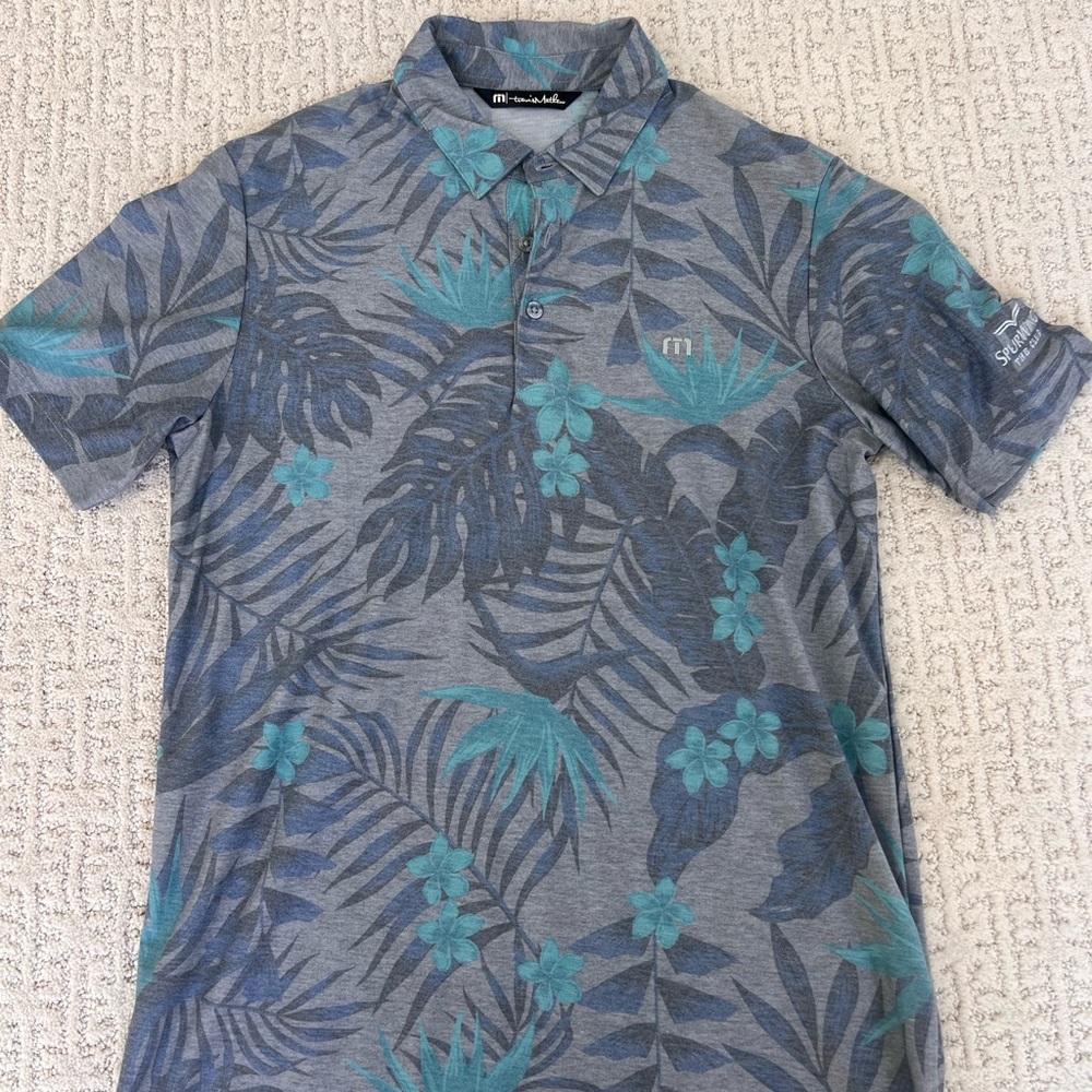 Men's Gray and Teal Floral Polo Shirt